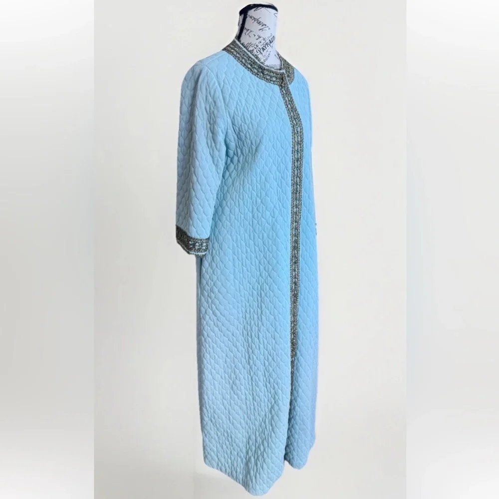 Vintage 70s Flobert Edwardian Baby Blue Bling Quilt Mod Long Robe House Coat - Picture 3 of 16